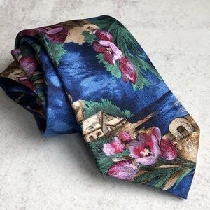 Balenciaga Paris Blue Silk Tie Floral Tropical Print